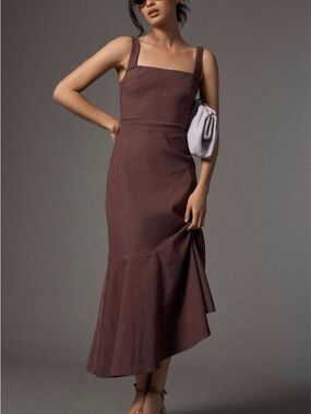 Anthropologie Square Neck Assymetrical Brown Midi Dress